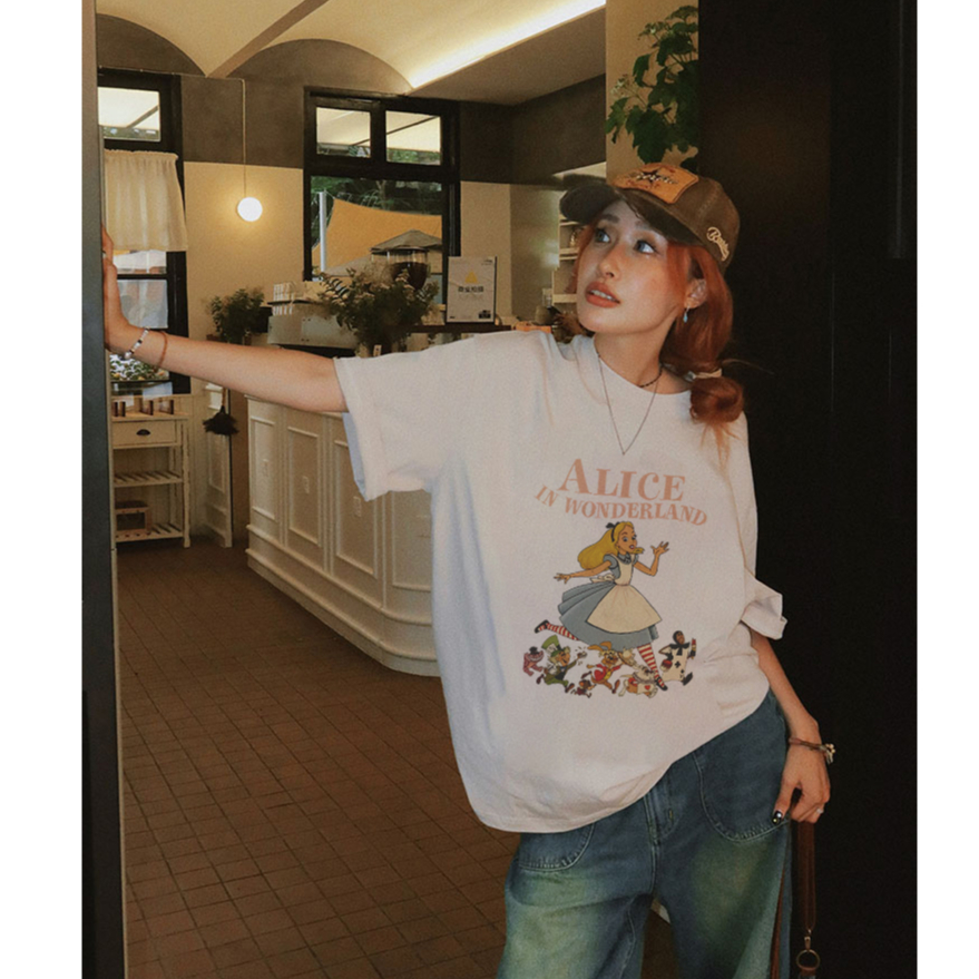 Baju Kaos Wanita Korean Style cartoon Alice Motif Printed T-Shirt Import Lengan Pendek Baju Kaos Oversize