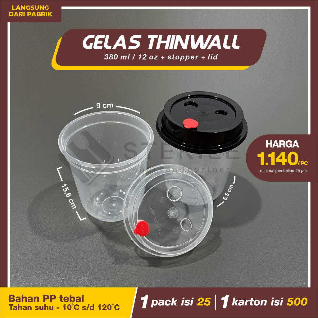 GELAS THINWALL OVAL 380 ML 12 OZ + TUTUP HARGA @25 PCS / GELAS PP INJECT 380 ML / GELAS BOBA TEBAL