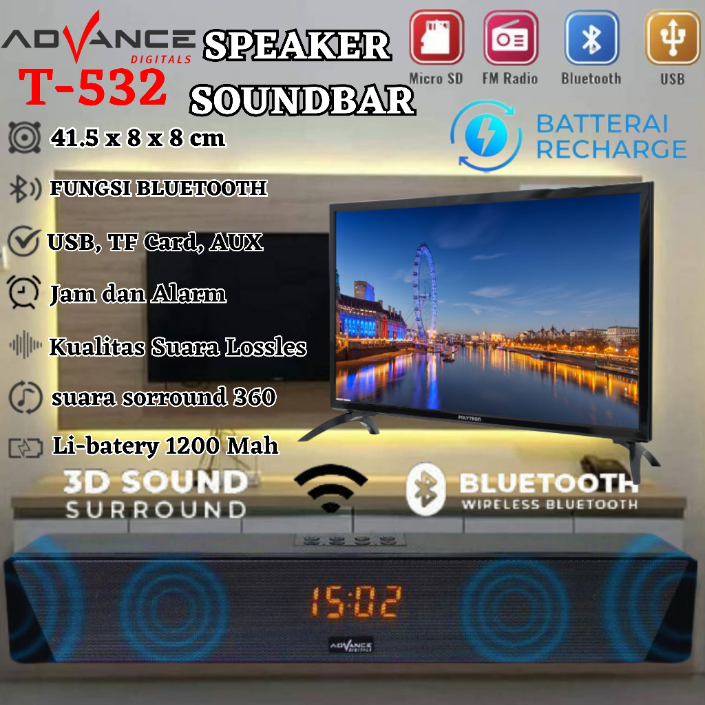 Advance Speaker Soundbar Portable T523 memiliki suara yang dinamis dengan suara bass dan treble yang