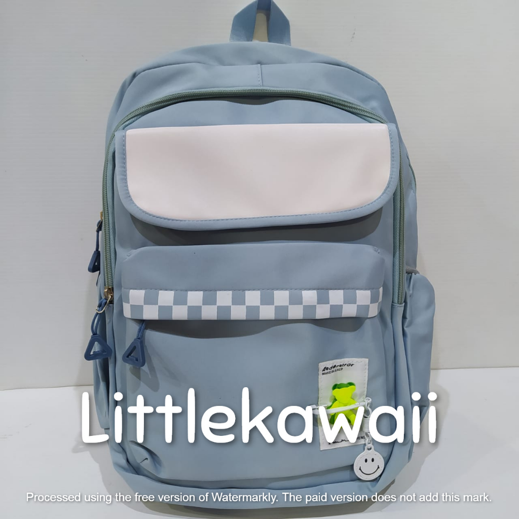 LK/Tas Ransel Laptop Backpack Parasut Sekolah Fashion Korean Style Anak Remaja Dewasa Pin Bear Smile Kantong Depan Import