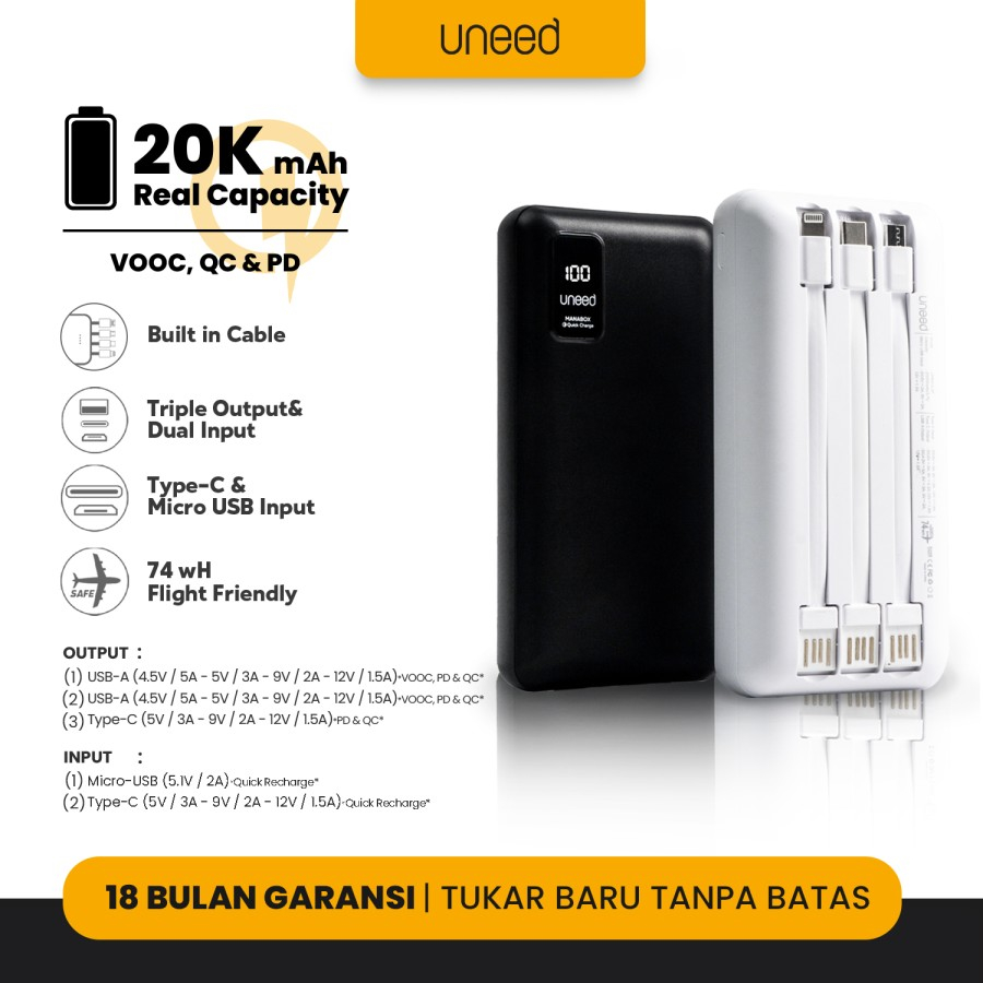 Powerbank Uneed 20000 mah Quick Charge 3.0 VOOC Built in Cable Manabox CF20