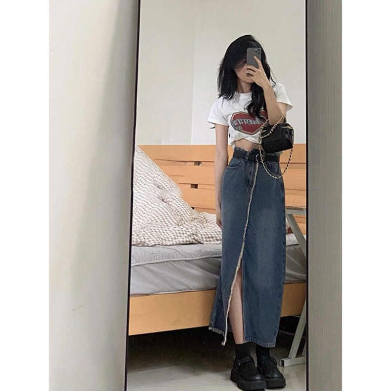 Rok denim split gaya Korea rok a-line wanita berpinggang tinggi sedang untuk menutupi rok pinggul selangkangan