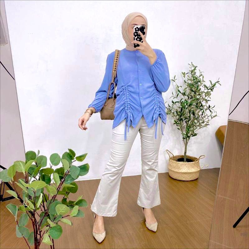 Lesya Blouse Atasan Wanita Kemeja Serut Depan Bahan Polo Linen Fashion Muslimah Bestseller