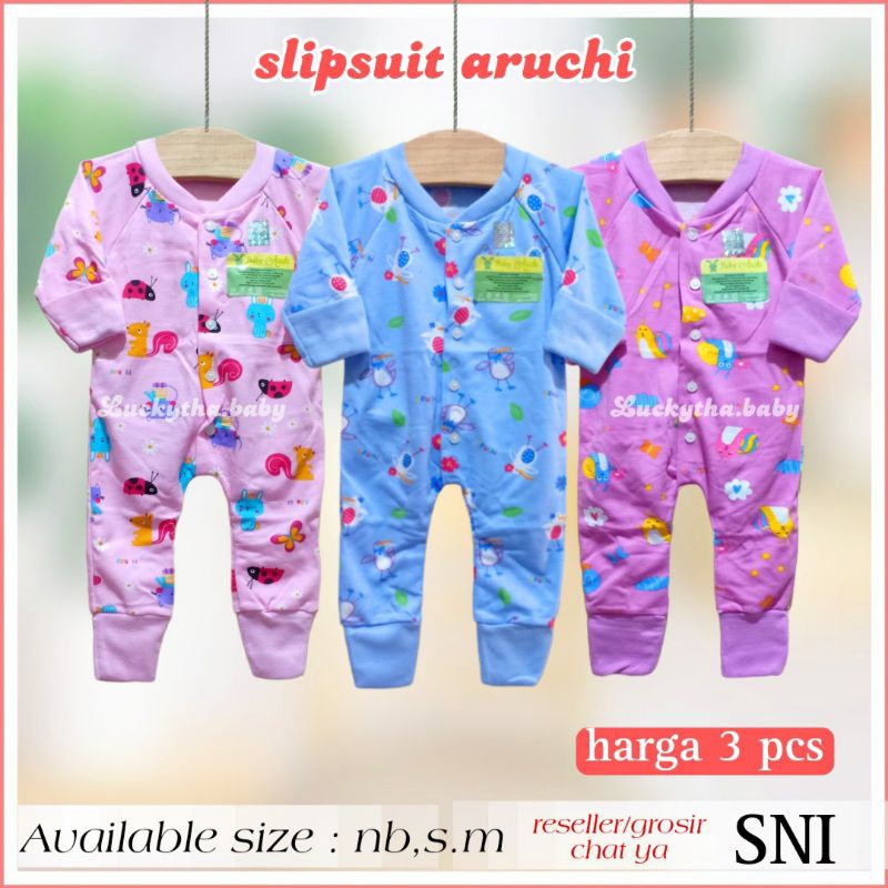 paket 3pc- SLEEPSUIT BAYI ARUCHI premium quality motif cheetah, bunny/ baju kodok bayi panjang/ jumpsuit aruchi baby