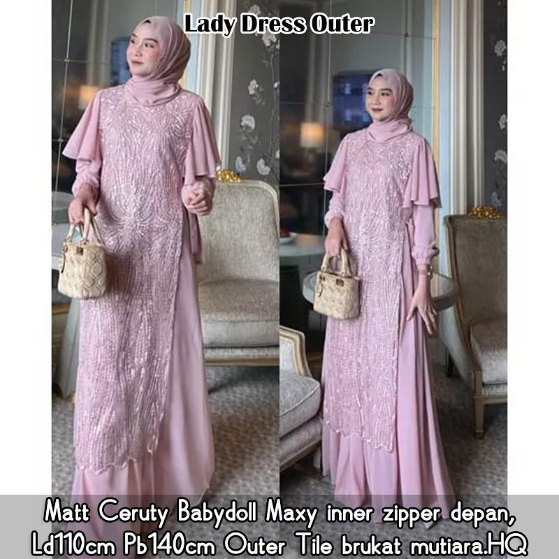 Gamis lady dress bahan ceruty baby doll premium full furing / busui / resleting depan original