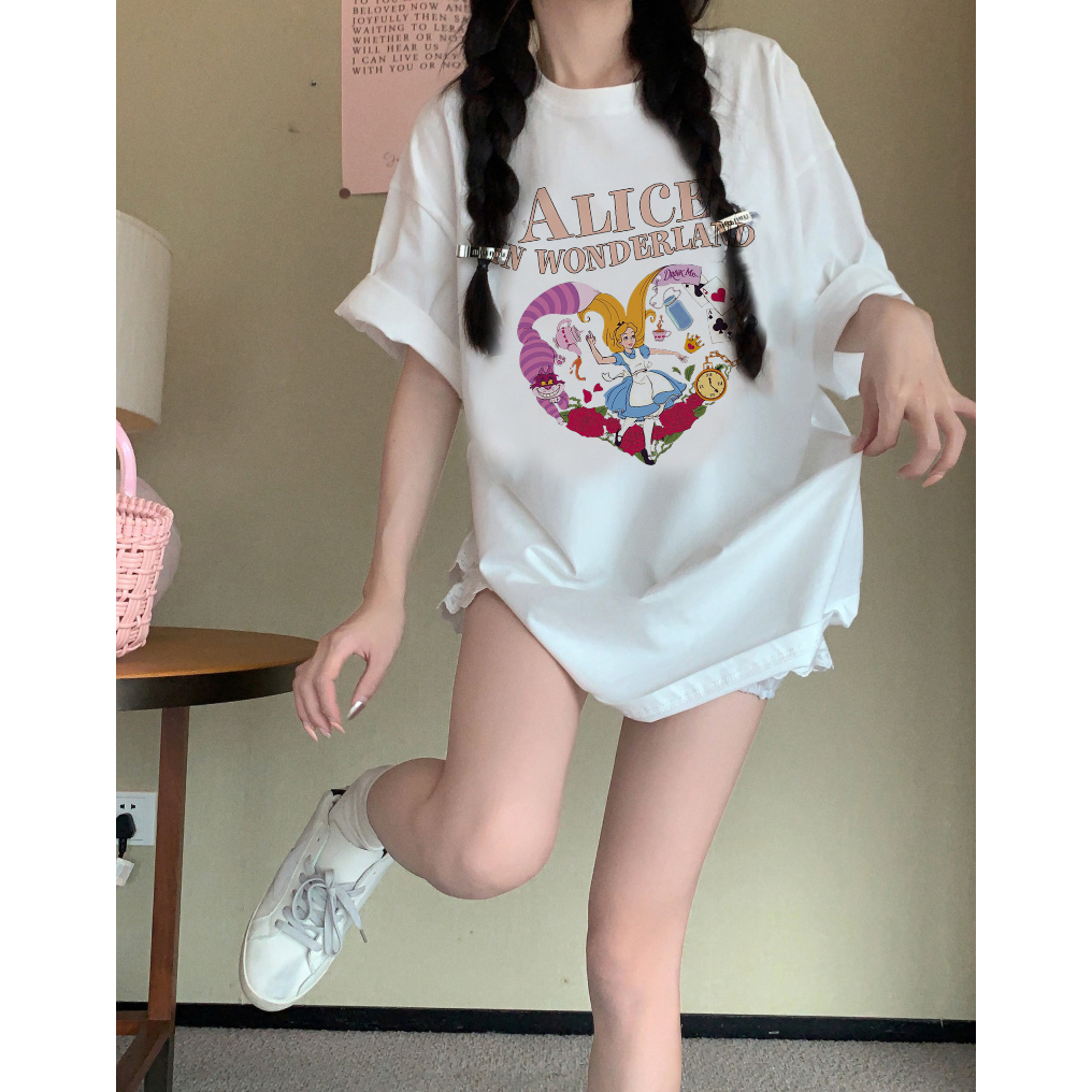 EUNII T-shirt Lengan Pendek Cartoon Pink Alice In Wonderland Printing Korean Style/Kaos Atasan Wanita/Baju Kaus Oversize Wanita/Kaos Wanita