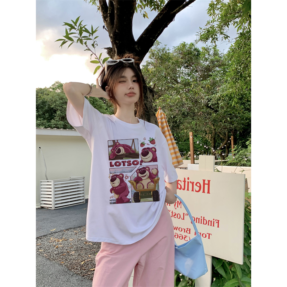 EUNII T-shirt Lengan Pendek Cartoon Strawberry Bear Printing Korean Style/Kaos Atasan Wanita/Baju Kaus Oversize Wanita/Kaos Wanita