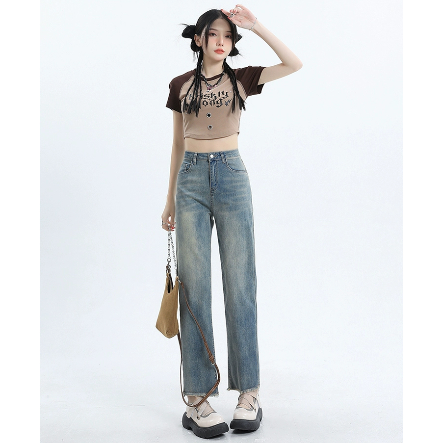 XIAOZHAINV Korean Style Celana Jeans Wanita/ Straight High Waist Pants Biru Muda 0789