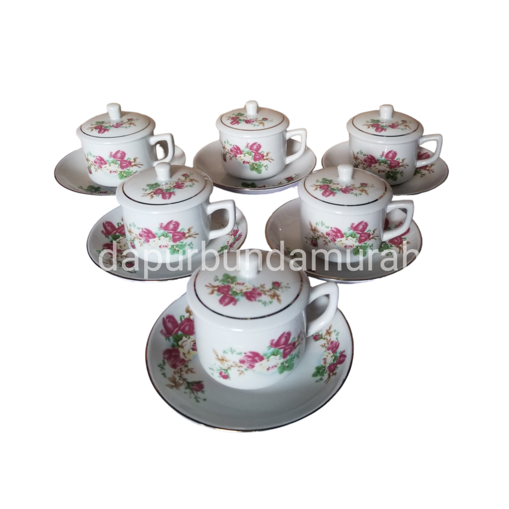 cangkir teh / kopi tubruk keramik set dengan tatakan + tutup