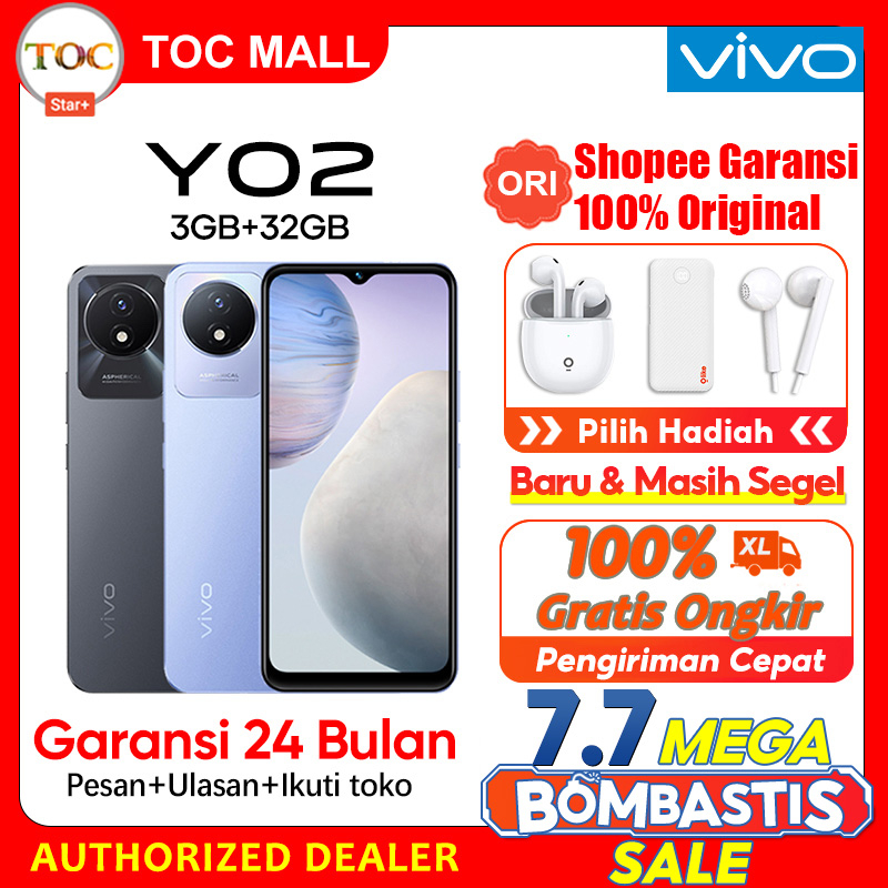 Vivo Y02 RAM 3GB ROM 32GB 6.51inci Kamera 8MP Baterai 5000mAh 10W FastCharge Garansi Resmi 100% asli