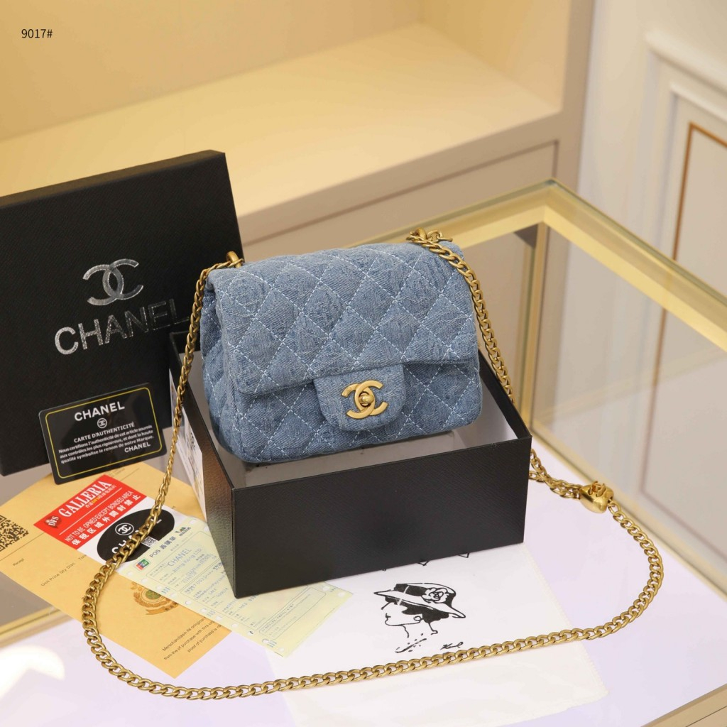 C H 9017 Camellia Denim Blue Heart Adjustable Chain Mini Flap Bag