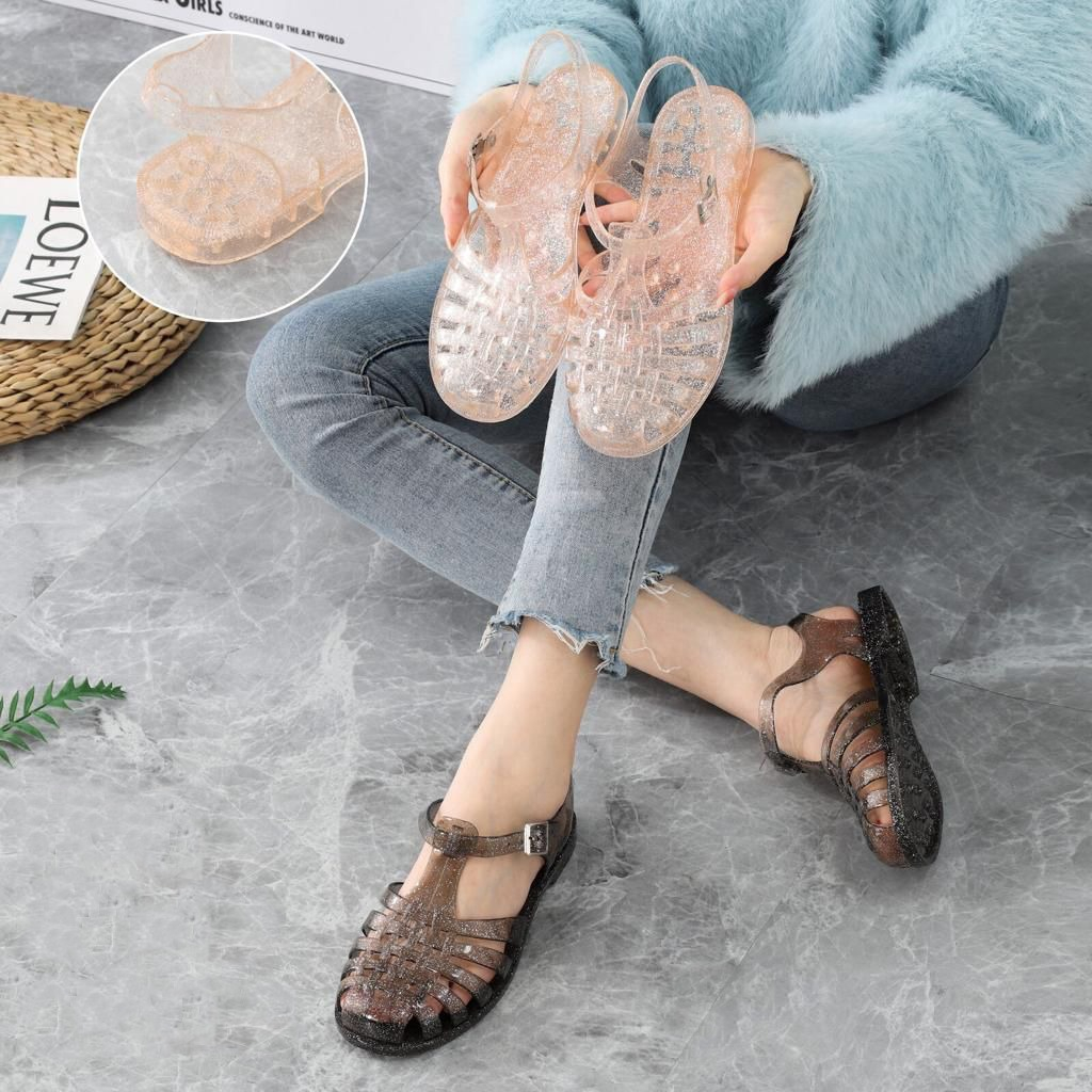 Sandal Wanita Jelly Glitter Transparan Import Tali Belakang Trendy Cantik - BLC 003 37/40