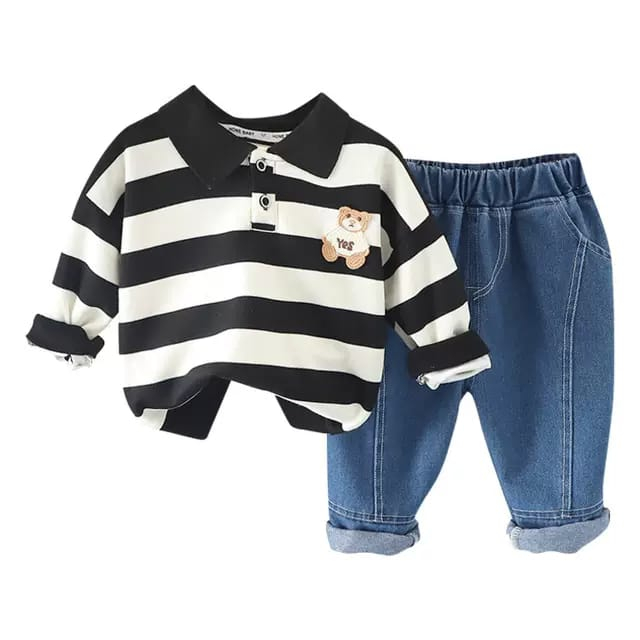 Baju anak anak Motif bear salur brown &amp; navy lengan panjang untuk usia 6 bulan - 5 tahun baby boy keren