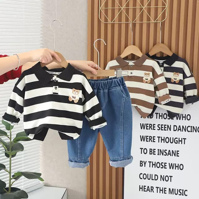 Baju anak anak Motif bear salur brown &amp; navy lengan panjang untuk usia 6 bulan - 5 tahun baby boy keren