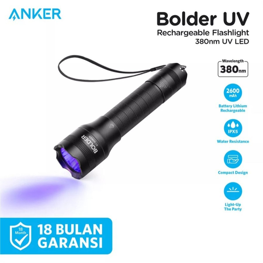 Anker Bolder Ultraviolet Rechargeable Flashlight 380nm UV LED - SKU T1429 - Garansi Resmi 18 Bulan