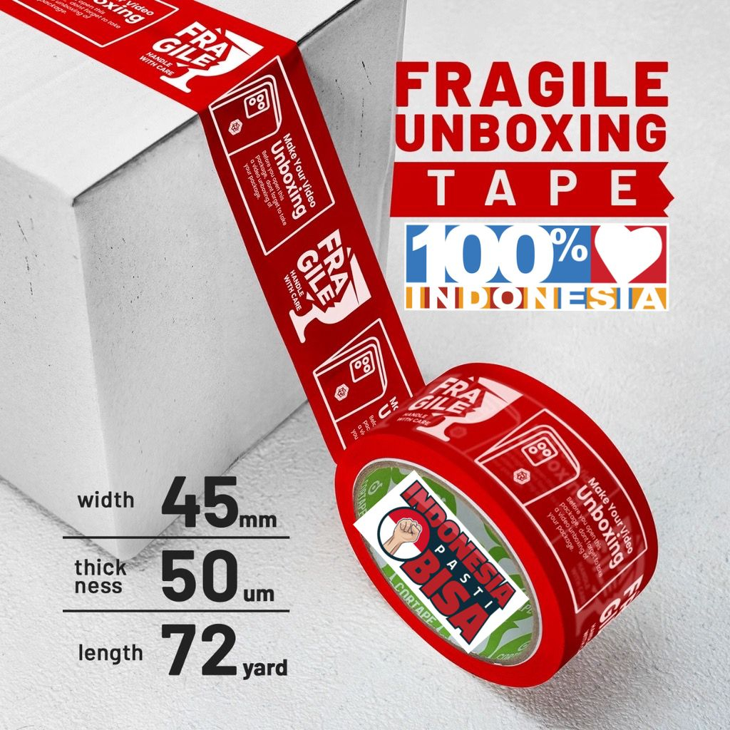 Promo wajib pakai Lakban Fragile Unboxing video Indonesia 45mm x 72y full original security seal Lakban Unboxing Tape paket lock dus protector