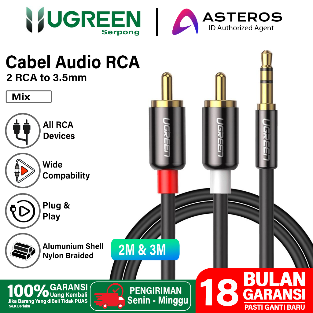 UGREEN Kabel Audio Jack DC 3.5Mm To 2 RCA untuk PC TV Amplifier Speaker