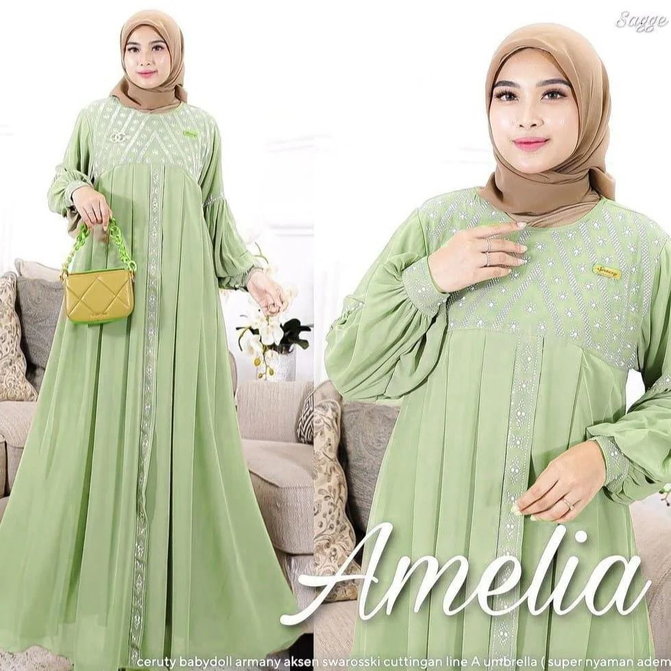 [ S M L XL XXL ] AMELIA DRESS Ceruty Babydoll Aplikasi Swarovski Gamis Bordir Mewah Timbul Dress Kon
