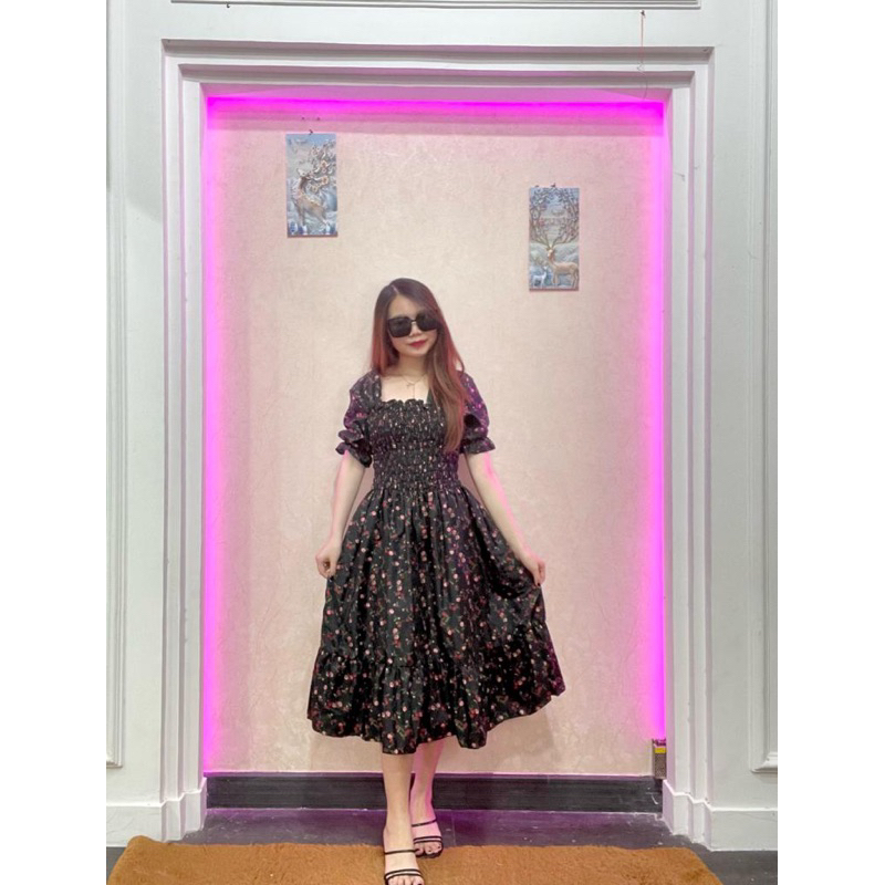 RD FASHION - SMOCKED DRESS / Gaun musim panas kasual baru Lengan pendek smocked dress lipit bunga dengan dasi belakang / gaun kasual A-line gaun smocked berlipat bunga lengan pendek-MOTIF AIMEL HITAM