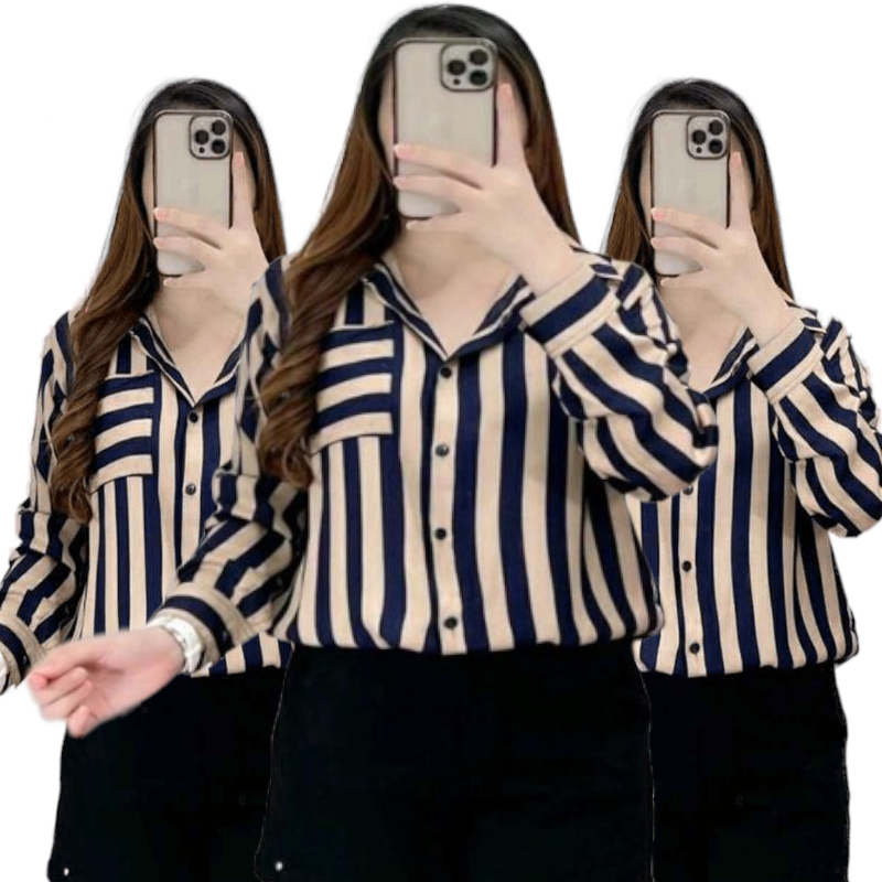 kemeja salur wanita bahan rayon ld 125 wanita lengan panjang terbaru 2023 bisa bayar ditempat/atasan strip salur kekinian model selegram