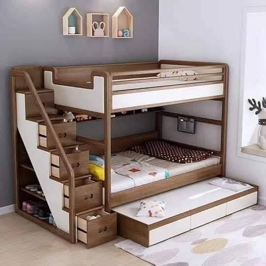 Ranjang Susun Kayu Jati Kombinasi Cat Warna Natural Dan Putih, Rak Sepatu Tangga Minimalis Modern