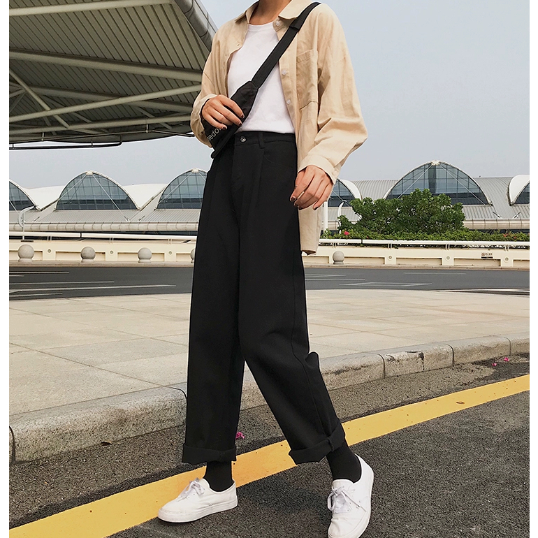 XIAOZHAINV Korean Style Celana Jeans Wanita Panjang/ Straight High Waist Pants Putih 0792