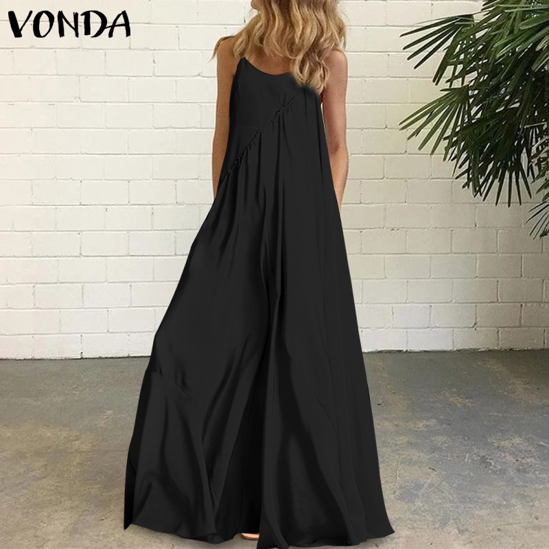 Women Loose Sleeveless Strap Vintage Maxi Dress