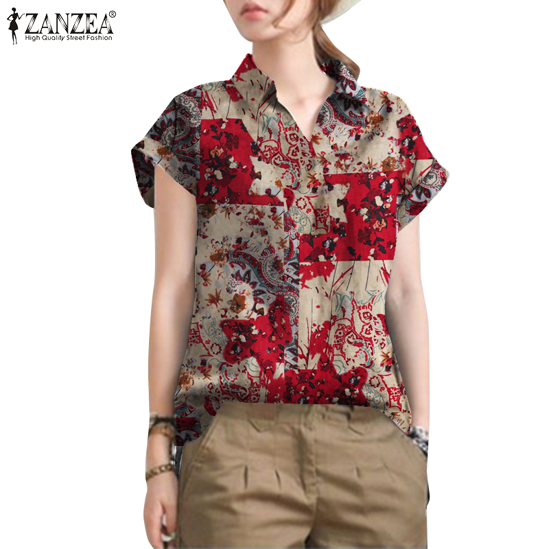 ZANZEA Women Short Sleeve Vintage Printing Turn-Down-Collar Blouse