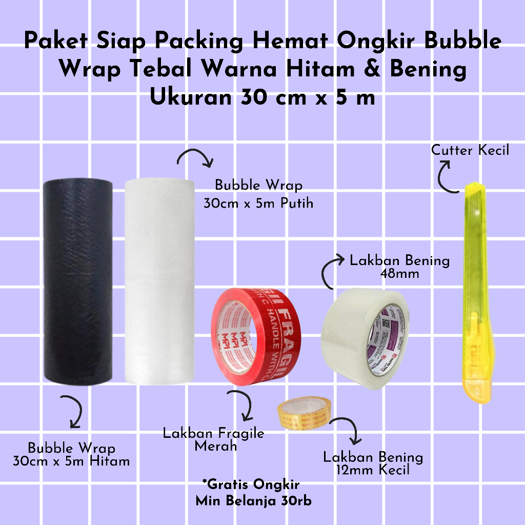 

Paket Lengkap Bubble Wrap 5m x 30cm Lakban Fragile Merah Jangan Dibanting Lakban Bening Cutter - MTH