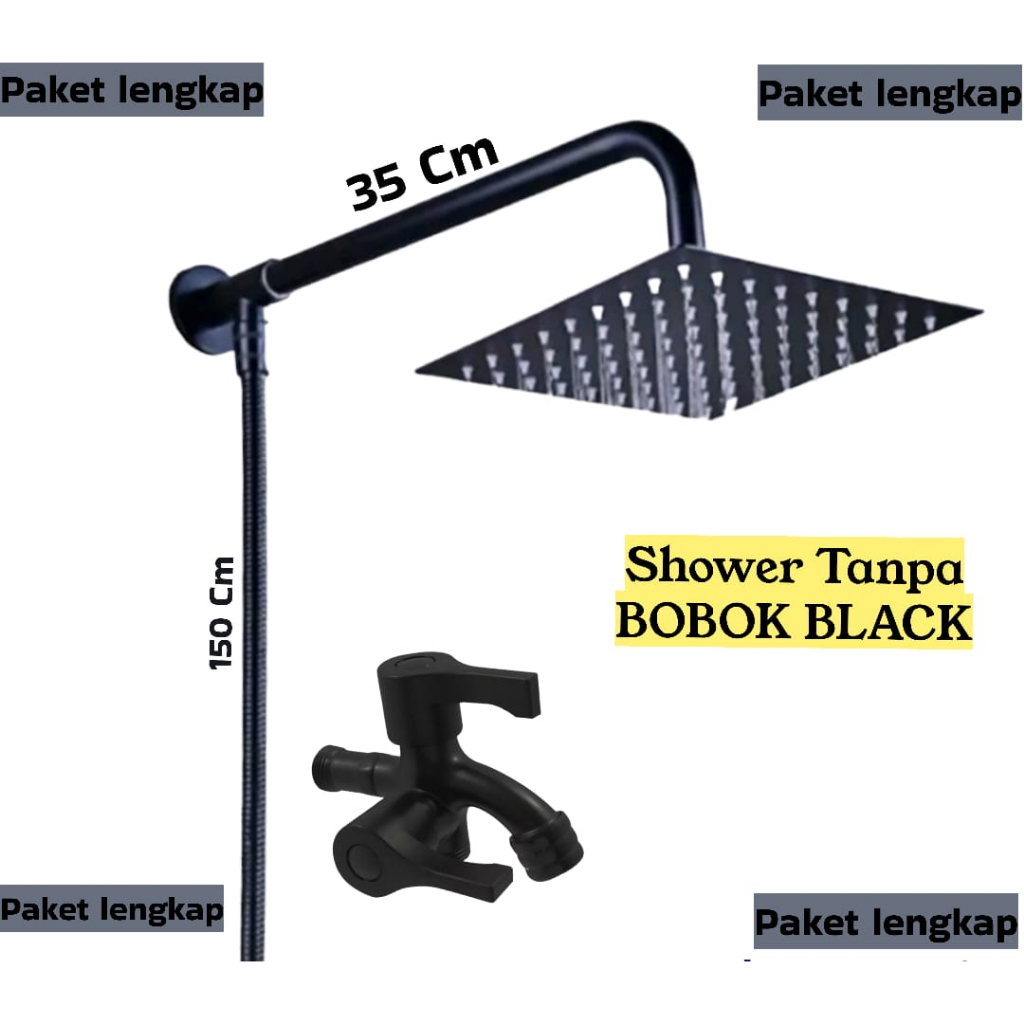 Shower Black Tanpa Bobok Paket Komplite Serie Black Kran Cabang | Shower Lebar 8inch Tebal Stainless | Shower Head