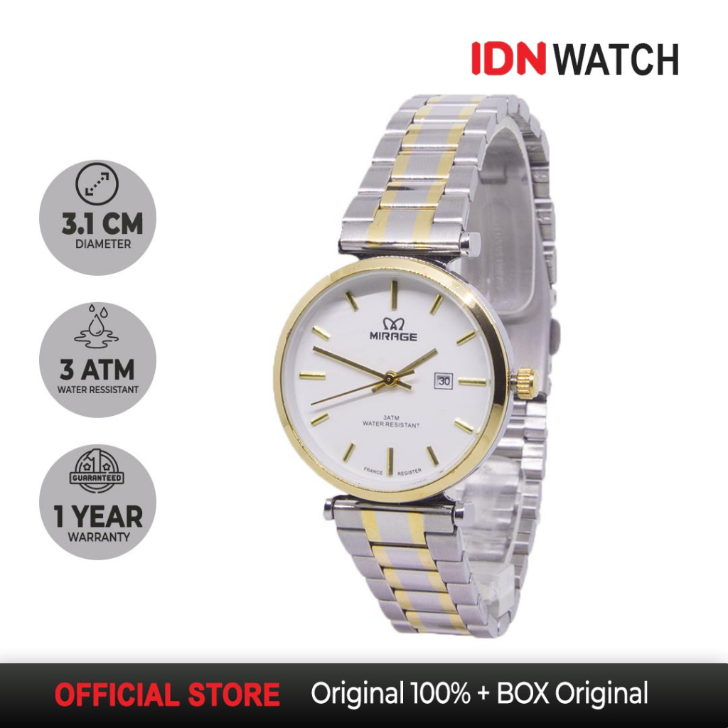Jam Tangan Mirage Original Wanita Limited Edition 8682 L Kombinasi Silver Gold Garansi Tahan Air