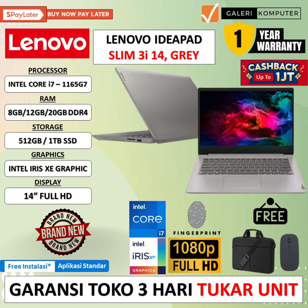 Laptop Lenovo Ideapad Slim 3i 14 Intel i7 1165G7 8GB 512GB Iris Xe 14&quot; FHD Windows 11 Home Terlaris