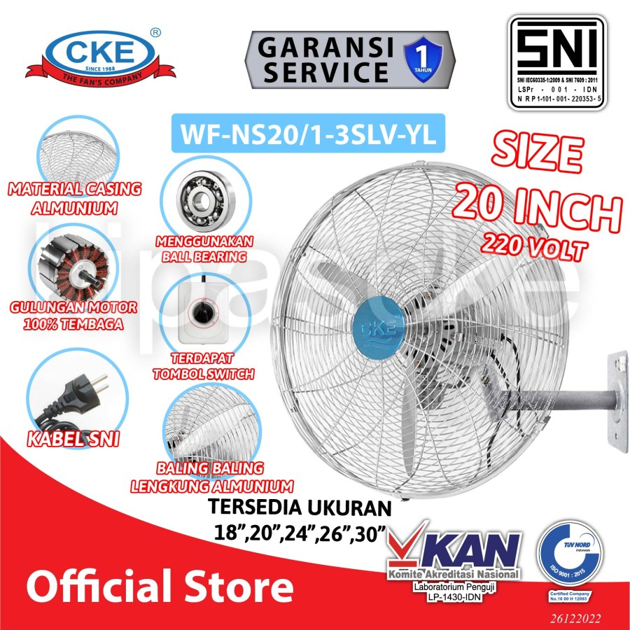 Wall Fan CKE 20 Inch WF-NS20/1-3SLV-YL Kipas Angin Dinding Kantor Rumah Resto