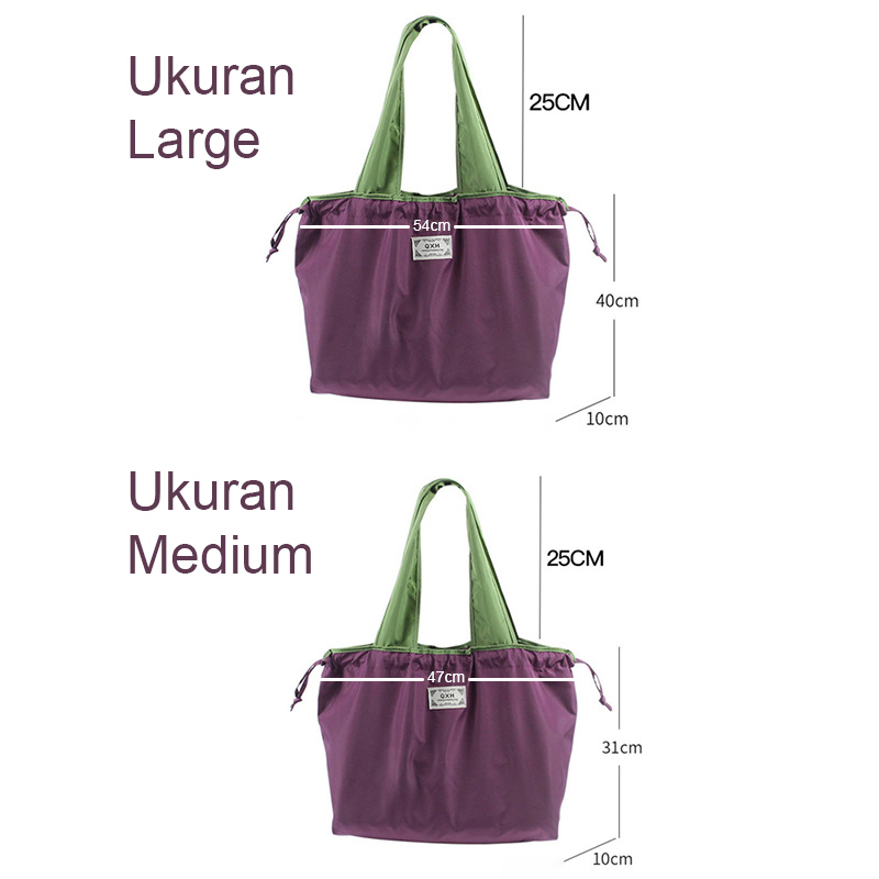 Tas Tote Bag Belanja Lipat Nylon Waterproof Ukuran Medium &amp; Large Drawstring Eco-Friendly