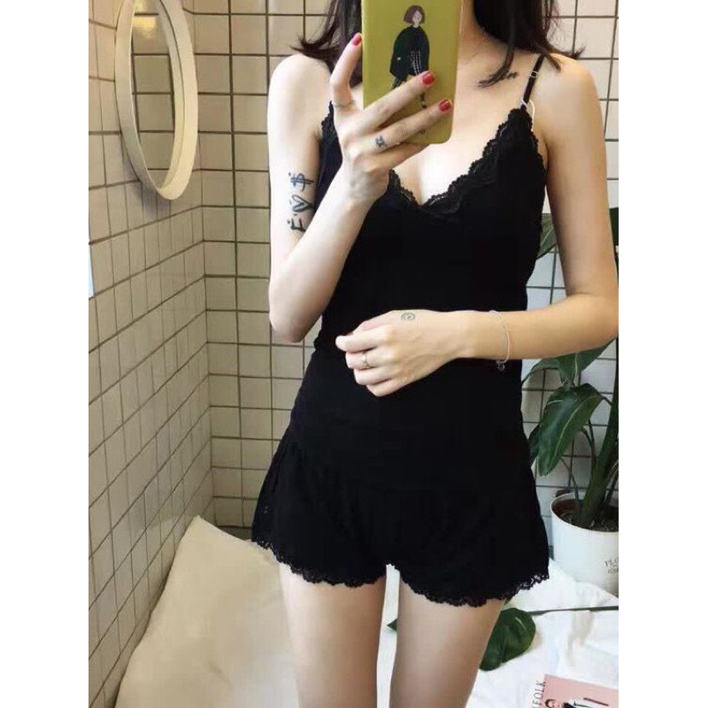 Setelan piyama tank top/(P130)atasan + celana pendek/setelan renda dua potong /celana pendek suspender dua potong/piyama nyaman gaya korea katun