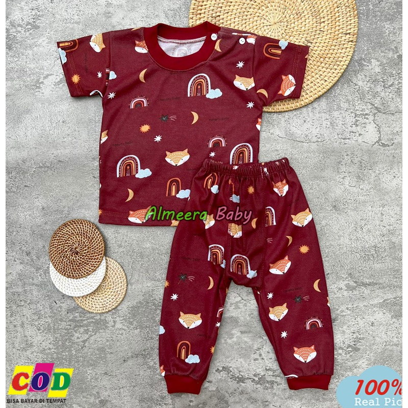 Setelan Baju Bayi Piyama Bayi Lengan Pendek Celana Panjang Kancing Pundak Motif Printing Pelangi Usia 3-12 Bulan Almeera Baby and Kids