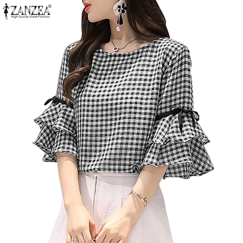 ZANZEA Women Korean Ruffled Hem Sleeved Casual Loose Grid Printed Blouse