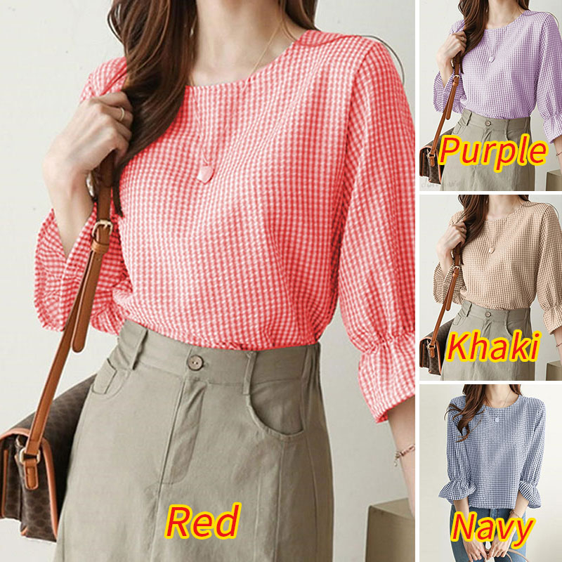 ZANZEA Women Korean Elegant Casual 3/4 Sleeve Round Neck Plaid Print Ruffle Blouse
