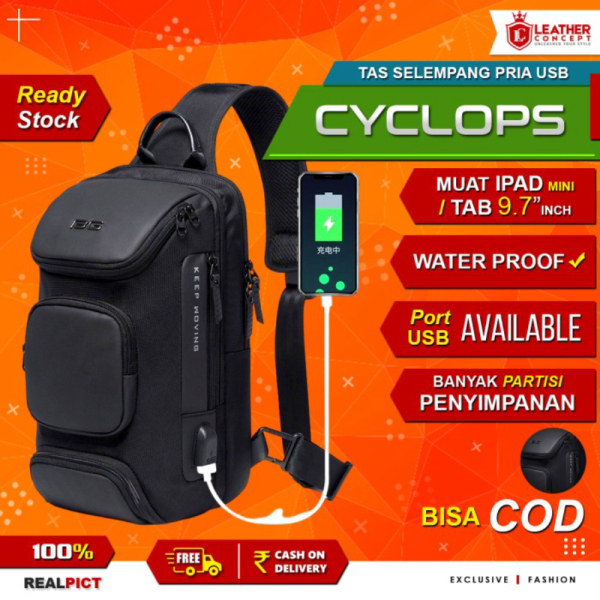 Promo Tas Selempang Pria Tas Pria Sling Bag Pria Charger USB - CYCLOPS Berkualitas