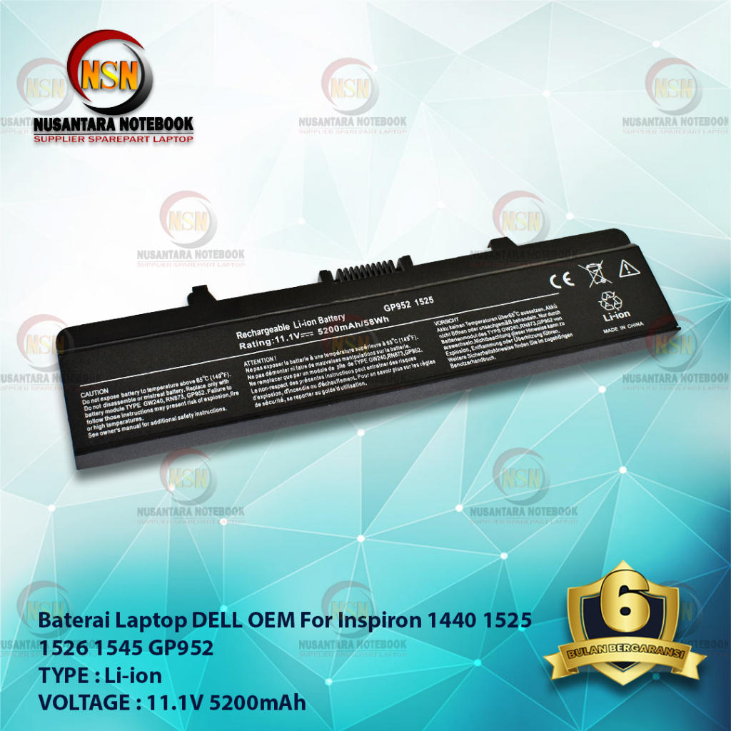 Baterai OEM Dell 1525 X284G for Inspiron 1440 1525 11.1V 5200mAh