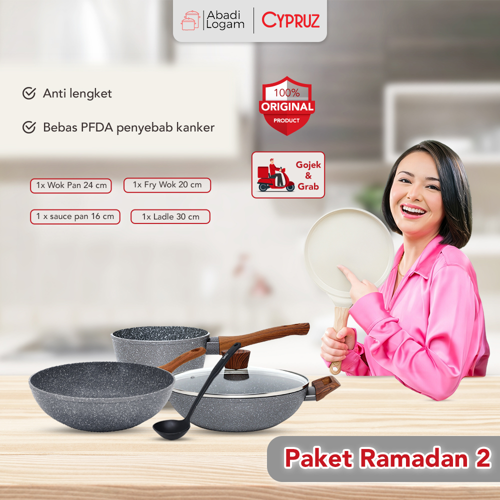 Cypruz Paket Ramadan 2 Panci Set Teflon glow pan Cookware Teflon marble wajan anti lengket