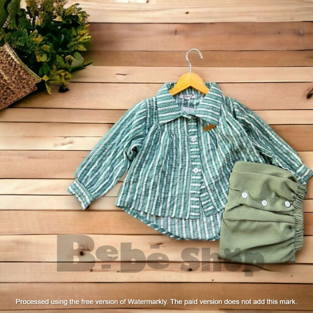 Setelan kemeja croptop anak perempuan  moif salur usia 3 sampai 12 tahun