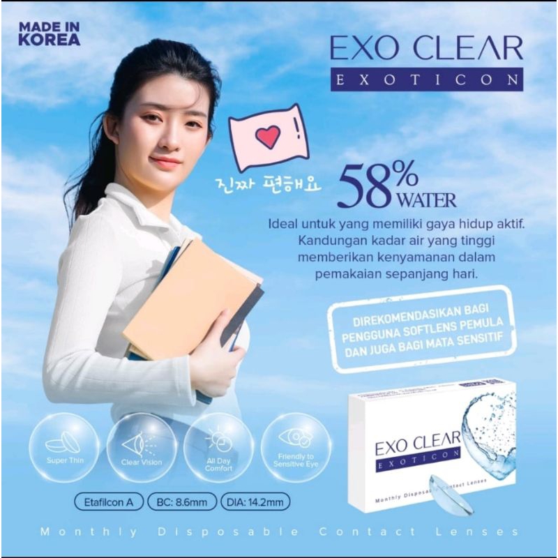 Softlens bening EXO CLEAR softlens clear/softlens bening 1 pasang dia 14,2mm kadar air 58% (-0.50 s/d -10.00) by X2 EXOTICON