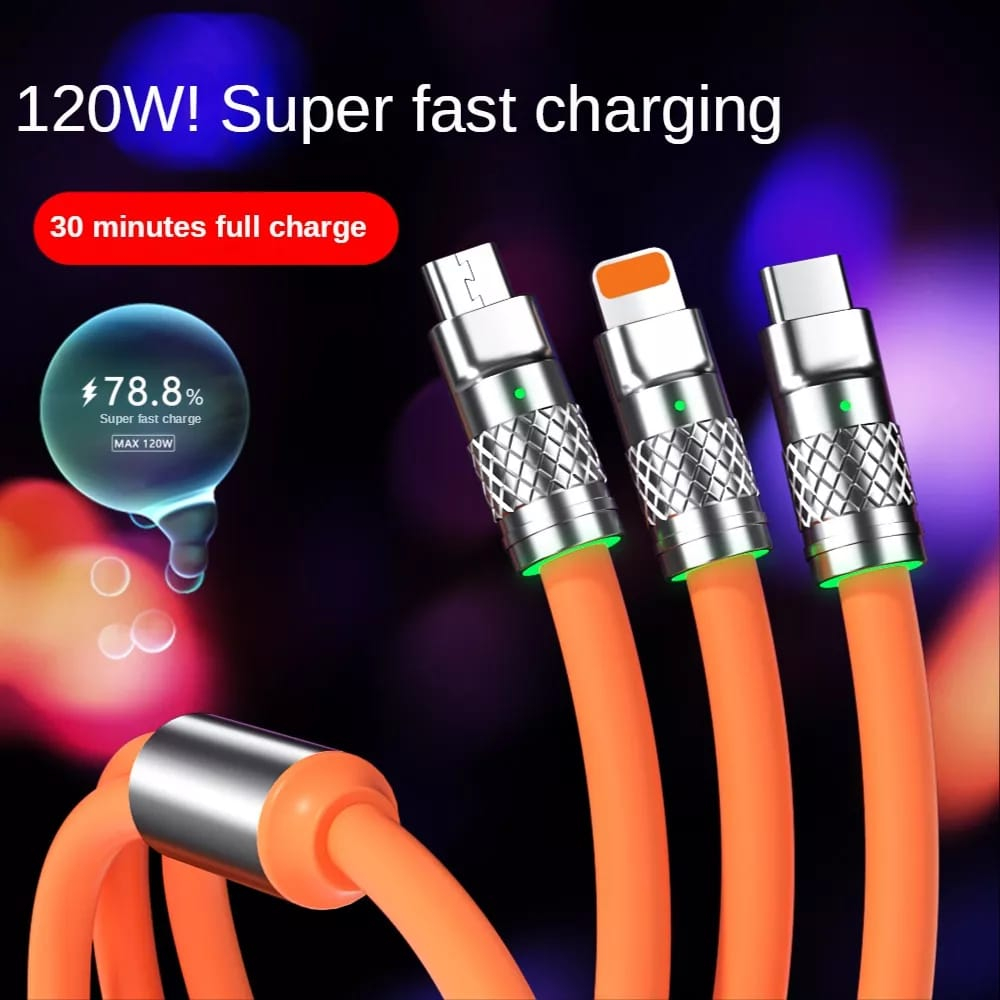 Kabel Charger Asli 3 In 1 120W 6A Kabel Pengisian 1.2m Super Cepat Silikon Cair Kabel Data Pengisian Cepat Untuk Micro USB Type-C Iphone