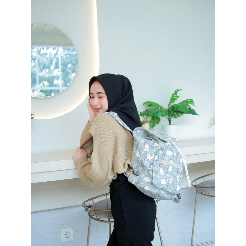 RANSEL SERUT KUCING HIJAU SAGE // taskanvasbdg - tas kanvas fashion - tas ransel wanita sage green - tas wanita - tas lucu - cewe