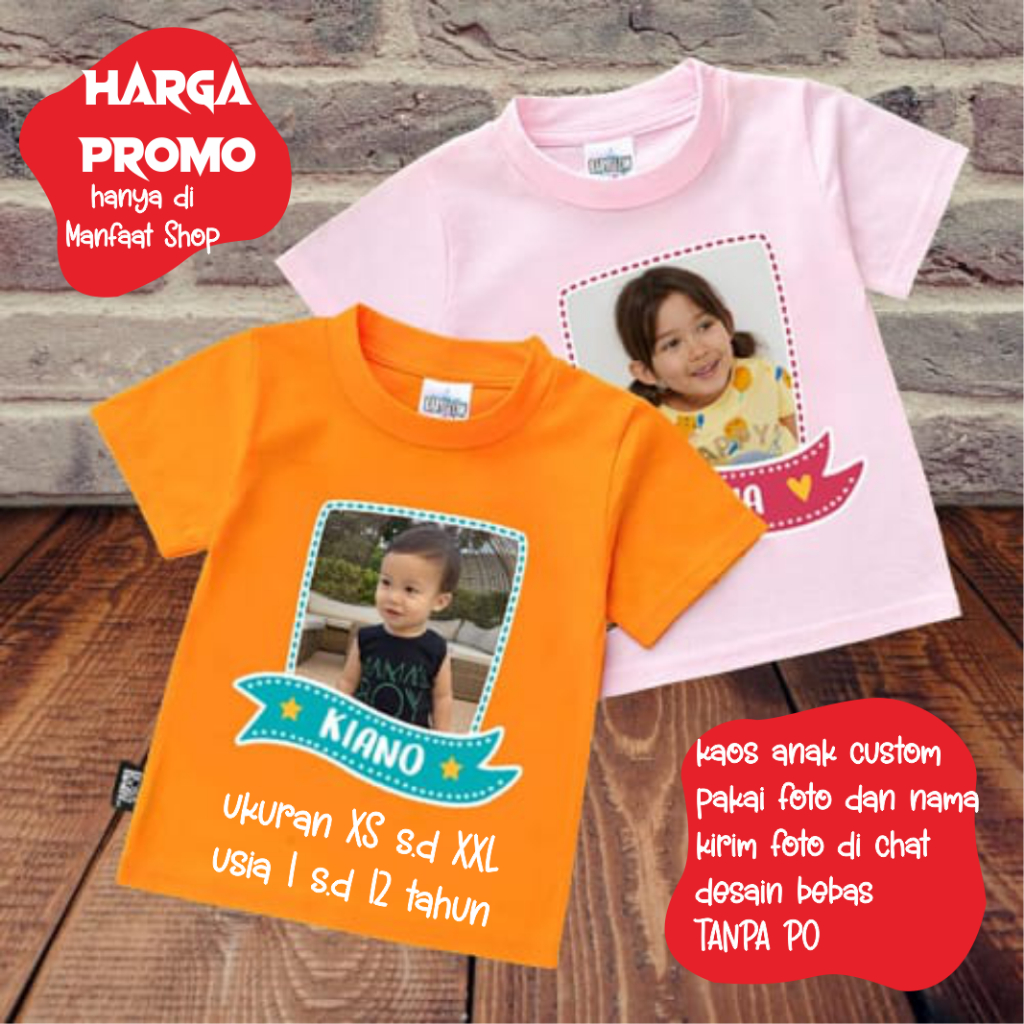 KAOS ANAK FOTO DAN NAMA CUSTOM DESAIN SENDIRI UKURAN XS DAN XXL TANGAN PENDEK