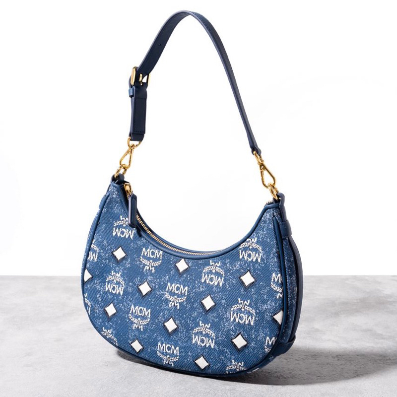 Original MCM Small Aren Crescent Hobo Shoulder Bag in Vintage Denim Jacquard