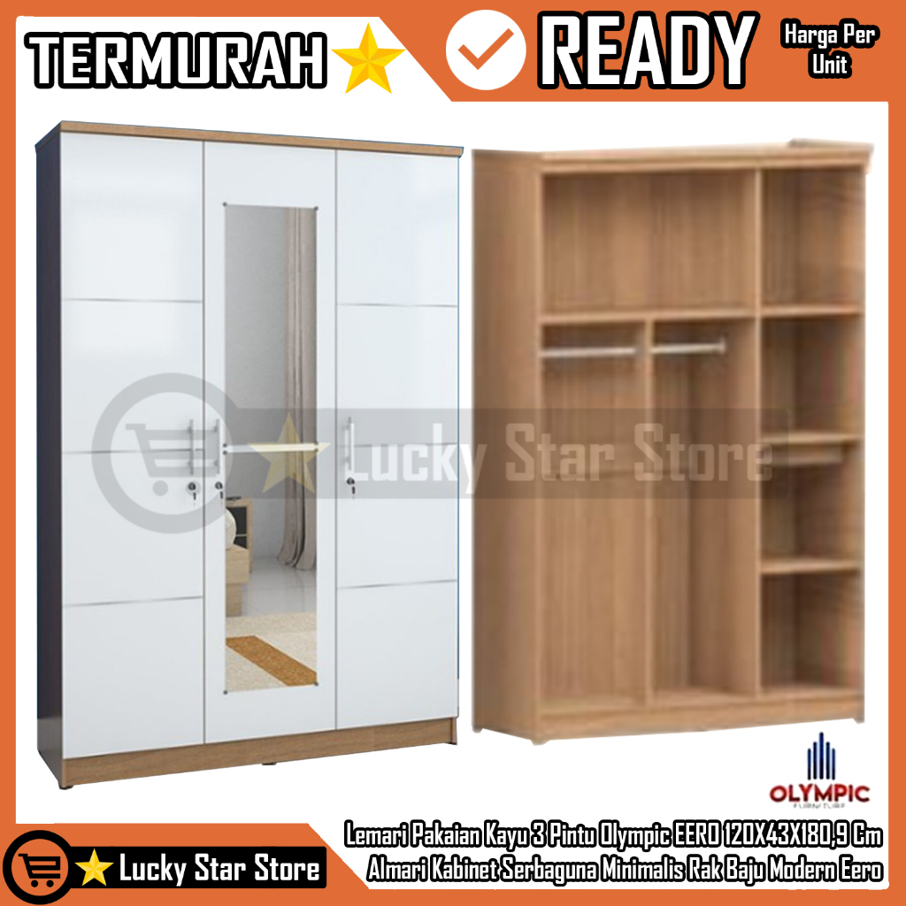 [Instan] Lemari Pakaian Kayu 3 Pintu Olympic LITE EERO Baju Wadrobe 120x43x180,9 cm Kabinet Serbagun