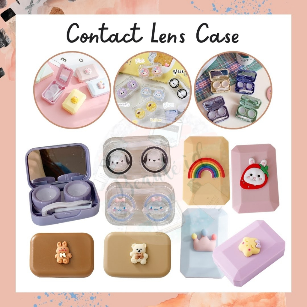 Wadah Kotak Penyimpanan Kontak Lens / Mini Softlens Case / Tempat Softlens Set Premium Minimalis dengan Kaca Cermin Jepit Softlens Lensa Kontak Berkualitas Lucu Model Beruang Portable Travel Kit