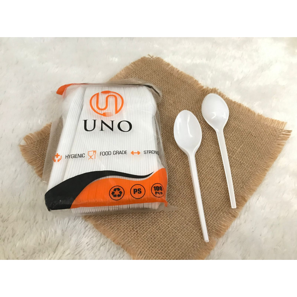 (isi 100 pcs) SENDOK MAKAN PLASTIK UNNO's - UNO - SENDOK PANJANG PUTIH SUSU